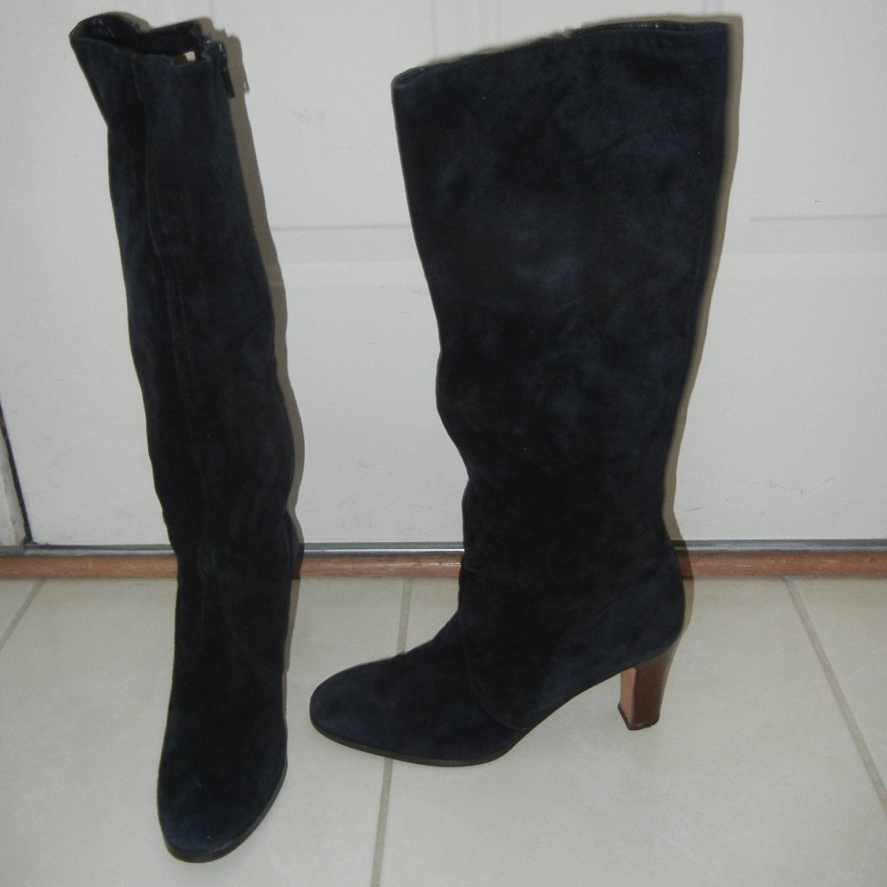 Black Suede 8M Italian Made All Leather Heeled Knee High Boots Full Zip